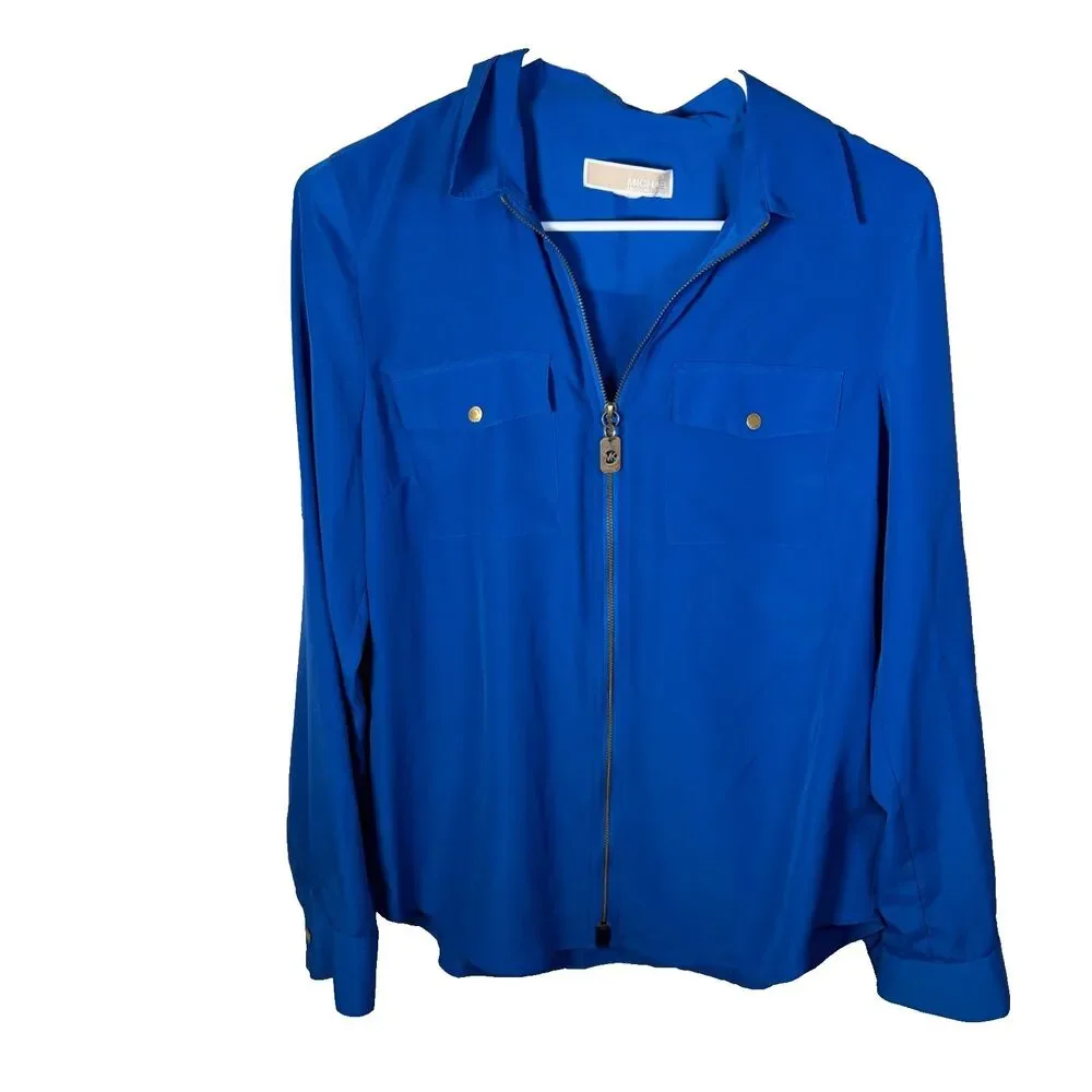 Michael Kors Blouse Women's Medium V-Neck Zipper Long Sleeve Collared Top